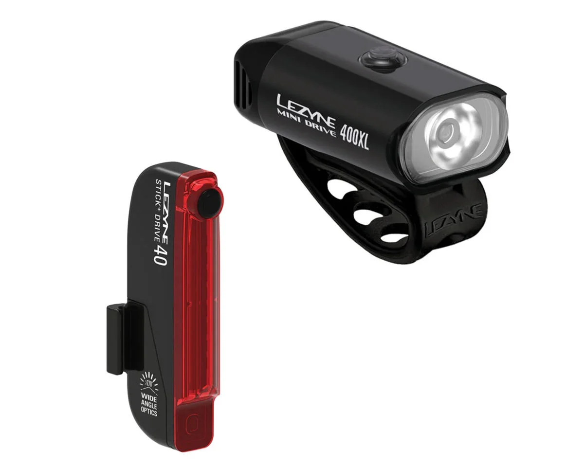Lezyne Mini Drive 400XL/Stick + Drive Headlight & Tail Light Set (Black) (400/40 Lumens)